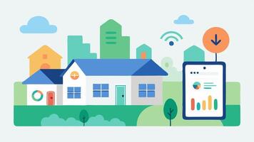 Smart Meter Community Dashboard A neighborhood view with multiple houses having smart meters together displaying a community energy usage dashboard that encourages residents to. vector