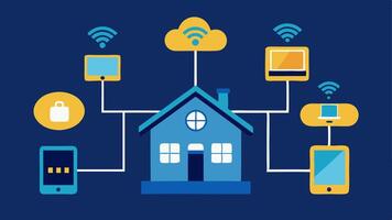 Smart Home Integration A visual of a smart home with interconnected devices where the windows are shown responding to commands from a central smart home hub.. vector