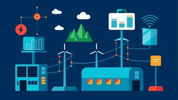 Smart Grid An aerial view of a power grid with stations alongside a digital representation that shows energy consumption data and grid performance analytics.. vector