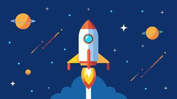 Rocket Docking with Space Station A rocket approaching a space station with a docking port extended surrounded by stars and glints of sunlight.. vector
