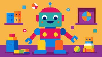 Robot Entertaining Kids A colorful robot is playing interactive games with children in a playroom surrounded by toys and laughter.. vector