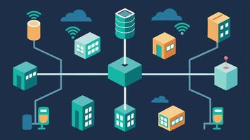 Smart City Grid An overhead view of a city block divided into sections showing various connected services like streetlights trash bins and traffic lights all powered by 5G. vector