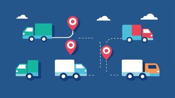 Smart Delivery Trucks A fleet of delivery trucks with GPS icons above them traversing a map with highlighted optimal routes and traffic patterns symbolizing AIdriven navigation.. vector