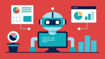 Report Generation A robot creating a report on a computer watching charts animate into sight as it compiles data from various sources effortlessly.. vector