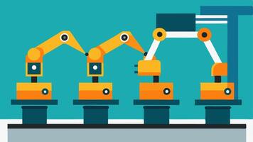 Robots on an Assembly Line A row of robotic arms equipped with various tools works in unison on an assembly line efficiently assembling electronic devices from start to finish.. vector