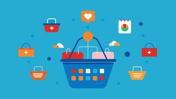 Shopping Basket Analysis An array of shopping baskets filled with products with small icons of AI analyzing the combinations of items purchased together.. vector