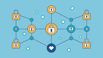 Secure Connections Nodes depicted as locked icons connected by lines emphasizing security and trust within the blockchain structure.. vector