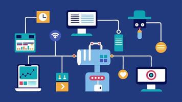 Smart Factory Workflow An overall layout of a smart factory illustrating interconnected workstations robots and monitoring screens emphasizing integration and automation. vector