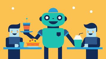 Robot Serving Drinks A friendly robot is serving drinks to guests at a small gathering with snacks laid out on a table creating a warm and lively atmosphere.. vector