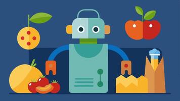 Robot with a Vacuum Sealer A robot is sealing food in a vacuum bag surrounded by fresh produce demonstrating its role in meal preparation and storage.. vector