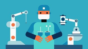 Robotic Surgery Assistants An illustration of a surgeon using robotic arms to perform precise which is equipped with advanced imaging technology and analytics.. vector