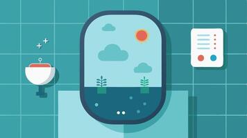 Smart Mirror A bathroom scene with a hightech mirror that displays weather updates and news along with controls for ambient lighting and steam reduction features.. vector