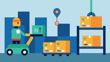 Robotic Pallets An illustration of autonomous robots transporting pallets filled with goods throughout a warehouse utilizing a smart navigation system.. vector