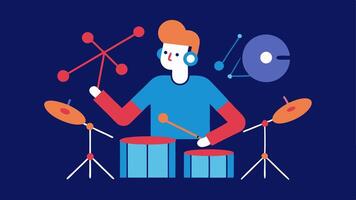Rhythm Collaboration A drummer playing while an AI device detects the rhythm and generates complementary beats represented visually by animated rhythm patterns and energies. vector