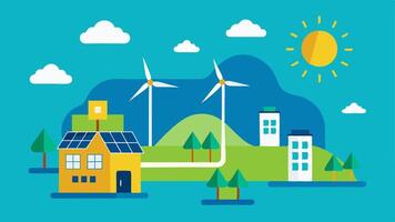 Renewable Energy Sources A landscape featuring solar panels and wind turbines connected to the smart grid with arrows indicating energy flow from these renewable sources to the. vector