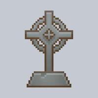 tombstone with cross sign in pixel art style vector