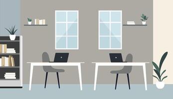 Clean office scene with two work desks and laptops. Flat minimalist interior background vector