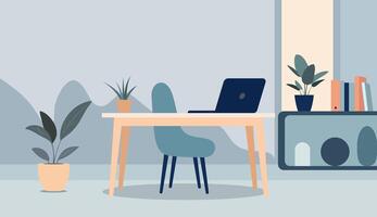 Simple work desk and laptop setup in clean flat style. Modern minimalist background vector