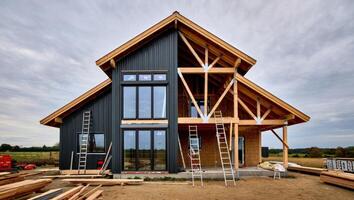 Half-Finished Modern Barn with Tools and Scattered Materials photo