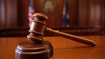 Wooden judges gavel hitting block with shallow depth of field photo