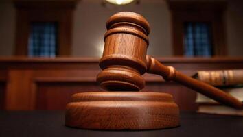 Wooden gavel striking sound block in courtroom with motion blur photo