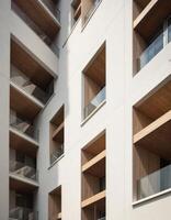 Modern building exterior with wooden balcony and white walls showcases architectural design photo