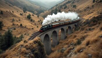A steam train traveling over a bridge in the mountains photo