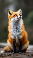 Portrait of a Red Fox looking up with an Autumn background and a soft bokeh photo