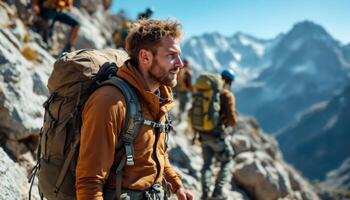 A man with a backpack on a mountain photo
