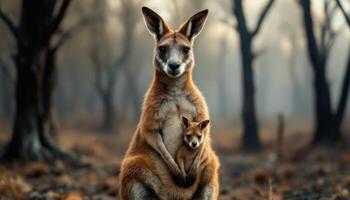 Kangaroo mother carrying her joey in the forest in a beautiful natural scenery photo