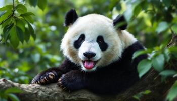 Cute panda bear relaxing on a tree branch with a funny expression showing its tongue photo