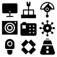 A collection of black and white icons depicting various digital devices and technology symbols, isolated on white background vector