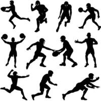 Silhouettes of american football players in various dynamic poses, isolated on white background vector