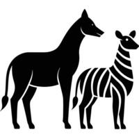 Silhouette of a wild dog and a zebra, isolated on white background vector