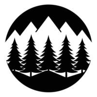 A stylized black and white illustration of a mountain range and evergreen trees, isolated on white background vector