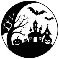 A spooky halloween scene with a haunted castle, bats, pumpkins, and a bare tree, isolated on white background vector