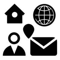 Simple black icons isolated on white background depicting a house, globe, map pin, person, and email vector