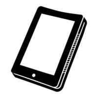 A tablet computer is shown in black and white vector