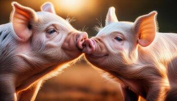 Playful and Affectionate Pigs Embrace in a Whimsical Barnyard Scene, Set against a Backdrop of Rustic Textures and a Cozy Haystack, Capturing the Joyous Mood of Friendship. photo