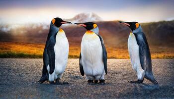 Intimate Moment King Penguin Couple, Bonding Under the Antarctic Sunset, their BlackandWhite Feathers Contrasting with the Vibrant Pink and Orange Hues of Dusk photo