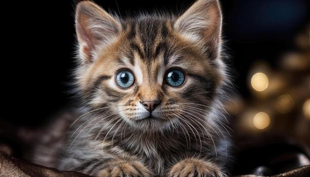 Playful Tabby Kitten Frolicking Amidst Vibrant Autumn Leaves and Pumpkins, Filling an Enchanting Scene with Joy and Whimsy in a Cozy Rustic Setting. photo