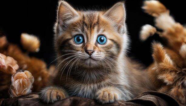 Playful Kitten Frolicking in a Spring Meadow under the Soft Glow of a setting Sun, Capturing Joy and Warmth in the Cool Evening Air, Dotted with Delicate Wildflowers and Framed by a Serene photo