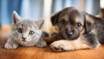 Kitten and Puppy Best Friends Frolicking in a Spring Meadow Warmth, Joy, and Playful Energy Filling the Scene on a Bright Spring Day photo