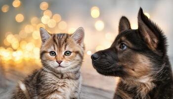 Best Friends Kitten and Puppy Cuddling on a Cozy Blanket Amidst Spring Blooms, Warmth Radiating under a Bright Sky, Creating a Heartwarming Moment Captured on3. photo