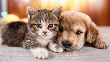 Adorable Bond A Heartwarming Moment between a Kitten and Puppy, Set against the Backdrop of a Cozy Living Room, Filled with Warmth and Playful Energy. photo