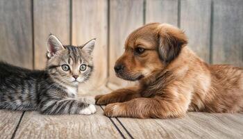 Playful Bond Between a Kitten and Puppy, Warmth Radiating in a Cozy Living Room, Fuzzy Tails Swirling amidst Soft Toys and Sunlight Streaming In. photo