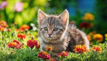 Kitten Lounging in a Lush Garden on a Warm Spring Afternoon, Playful Curiosity Radiating from Sparkling Eyes amidst Greenery and Blooming Flowers. photo