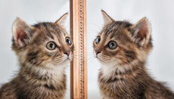 Kitten Gazing at Reflection in Mirror, Playful and Inquisitive Expression on a Soft Velvet Fur Surface, Framed by Warm Ambient Light in Cozy Living Room Scene. photo