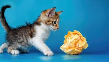 Playful Kitten Chasing After a Paper Ball Against a Serene Blue Backdrop at Twilight, Capturing Joy and Energetic Fun in Every Paw Step. photo
