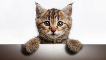 Playful Kitten Posing with Empty Banner Backdrop in Vibrant Environment, Capturing Joy and Innocence in a Whimsical Scene. photo
